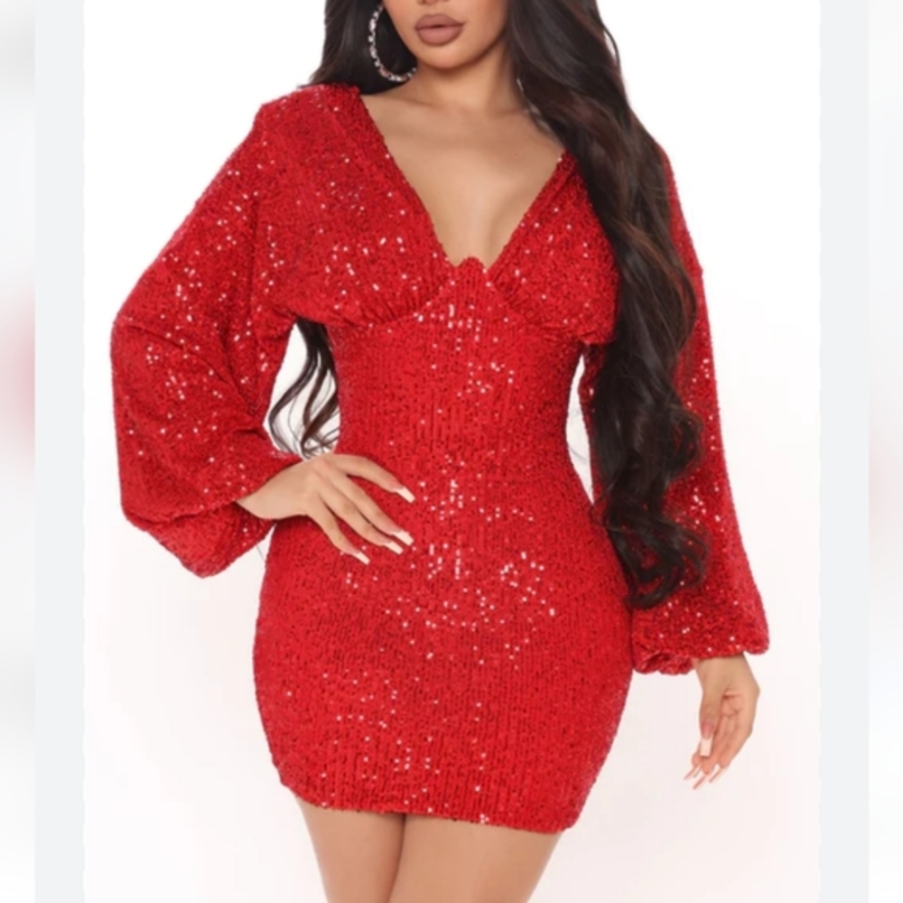 Fashion Nova Kiss Me Under The Moon Red Sequin mini Dress Size M Medium